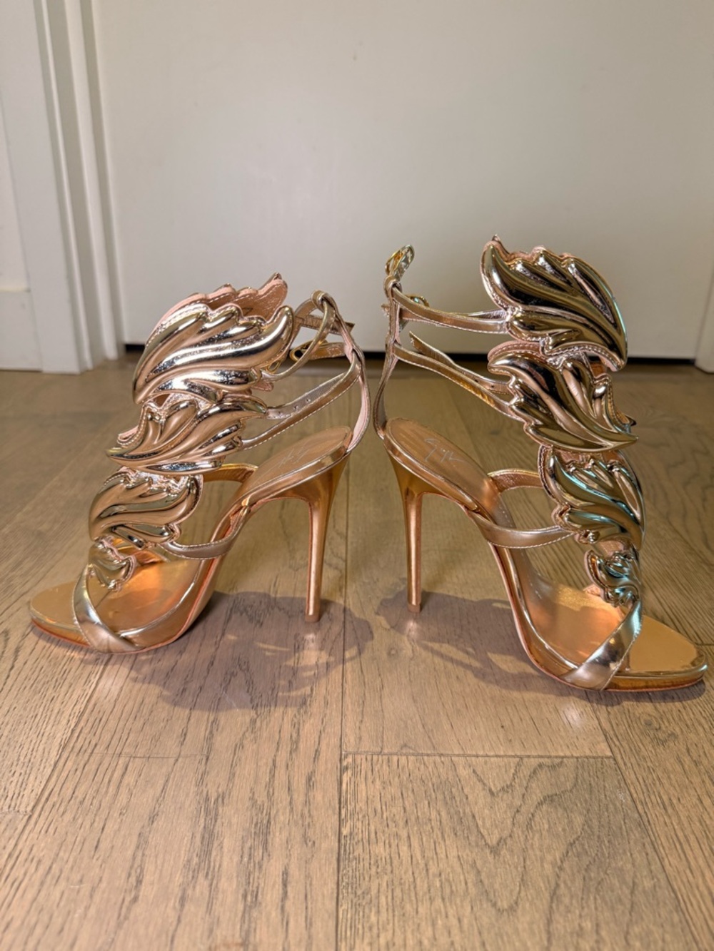 Giuseppe Zanotti Iridescent Rose Gold Leaf-Embellished Stiletto Sandals